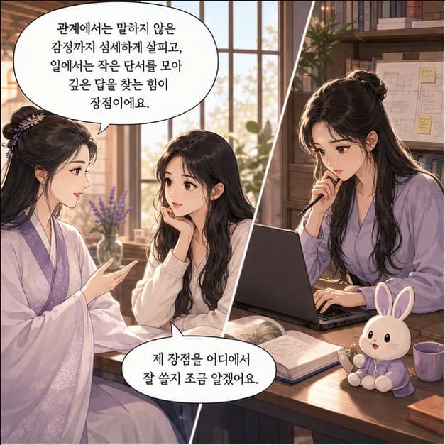 계묘일주 9컷: 관계에서는 말하지 않은 감정까지 섬세하게 살피고, 일에서는 작은 단서를 모아 깊은 답을 찾는 힘이 장점이에요.