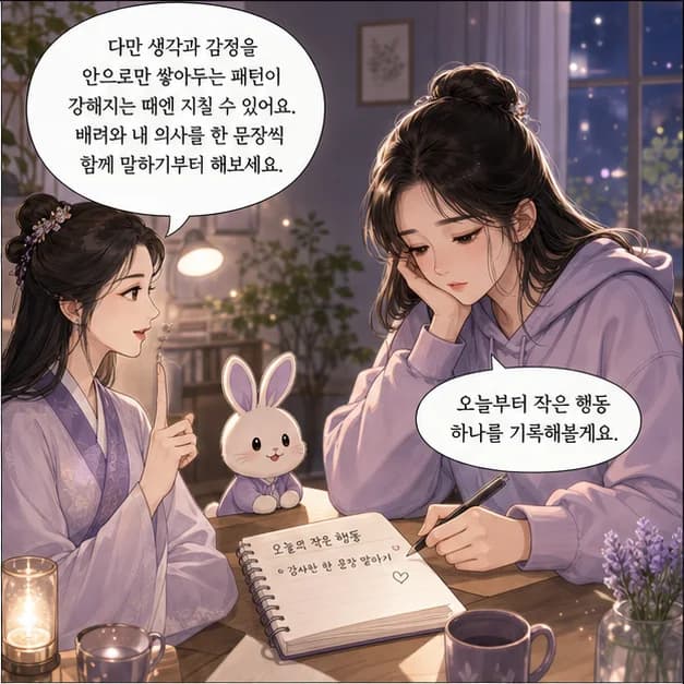 계묘일주 10컷: 다만 생각과 감정을 안으로만 쌓아두는 패턴이 강해지는 때엔 지칠 수 있어요. 배려와 내 의사를 한 문장씩 함께 말하기부터 해보세요.
