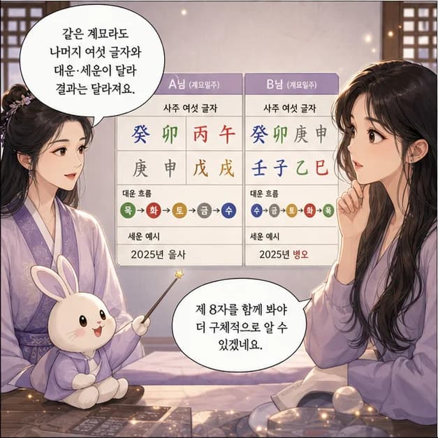 계묘일주 11컷: 같은 계묘라도 나머지 여섯 글자와 대운·세운이 달라 결과는 달라져요.