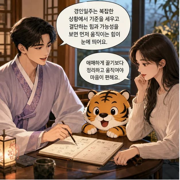 경인일주 1컷: 경인일주는 복잡한 상황에서 기준을 세우고 결단하는 힘과 가능성을 보면 먼저 움직이는 힘이 눈에 띄어요.