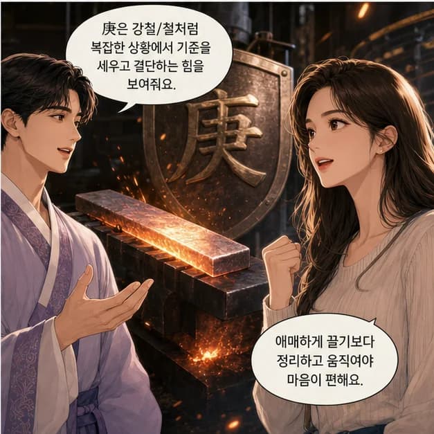 경인일주 4컷: 庚은 강철/철처럼 복잡한 상황에서 기준을 세우고 결단하는 힘을 보여줘요.