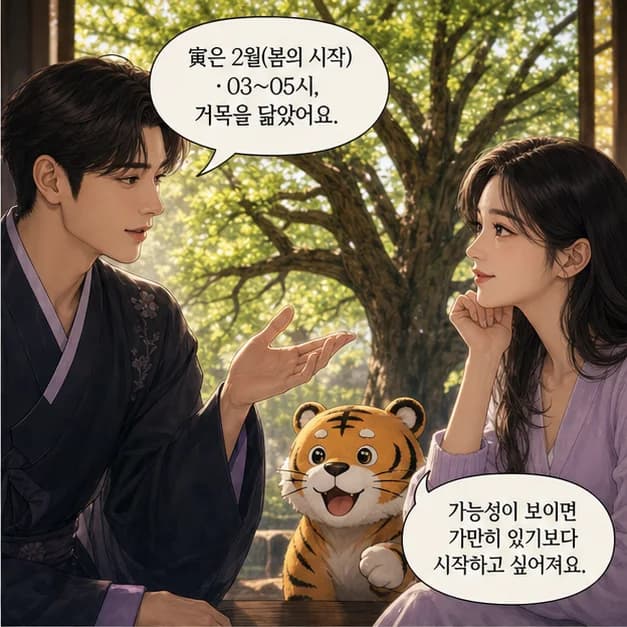 경인일주 6컷: 寅은 2월(봄의 시작)·03~05시, 거목을 닮았어요.