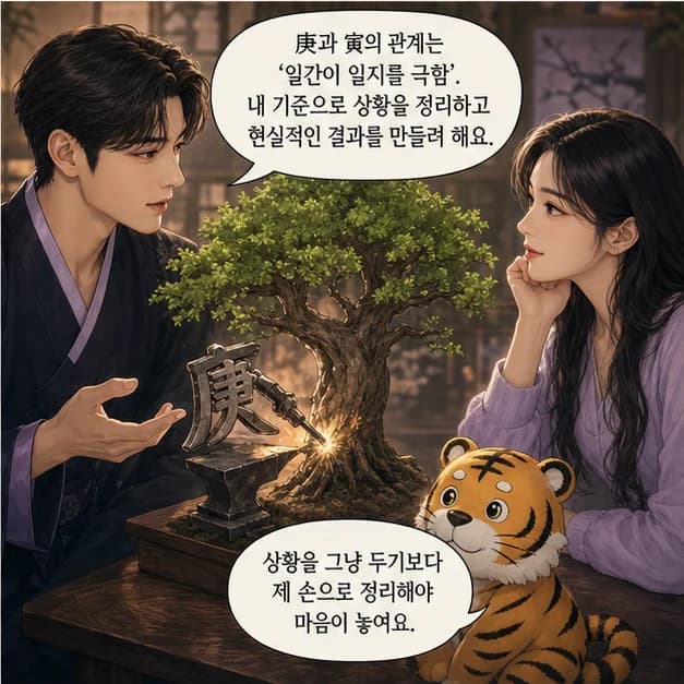 경인일주 8컷: 庚과 寅의 관계는 ‘일간이 일지를 극함’. 내 기준으로 상황을 정리하고 현실적인 결과를 만들려 해요.