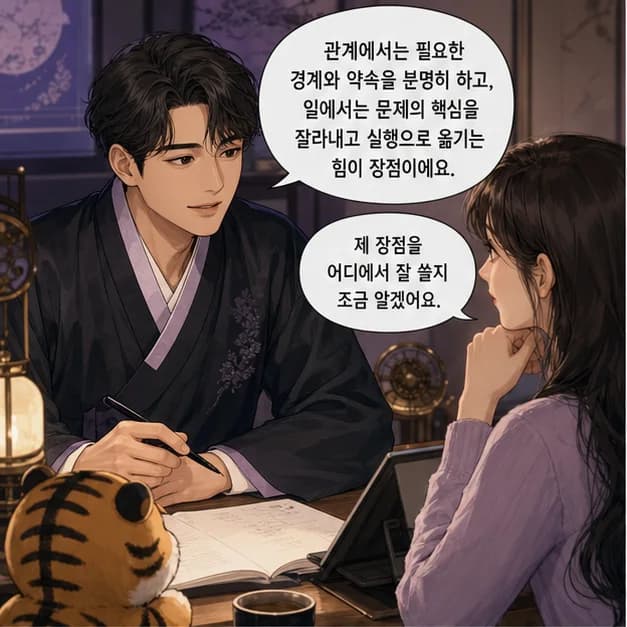 경인일주 9컷: 관계에서는 필요한 경계와 약속을 분명히 하고, 일에서는 문제의 핵심을 잘라내고 실행으로 옮기는 힘이 장점이에요.