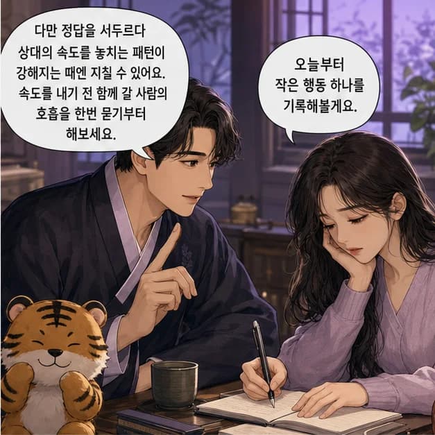 경인일주 10컷: 다만 정답을 서두르다 상대의 속도를 놓치는 패턴이 강해지는 때엔 지칠 수 있어요. 속도를 내기 전 함께 갈 사람의 호흡을 한번 묻기부터 해보세요.