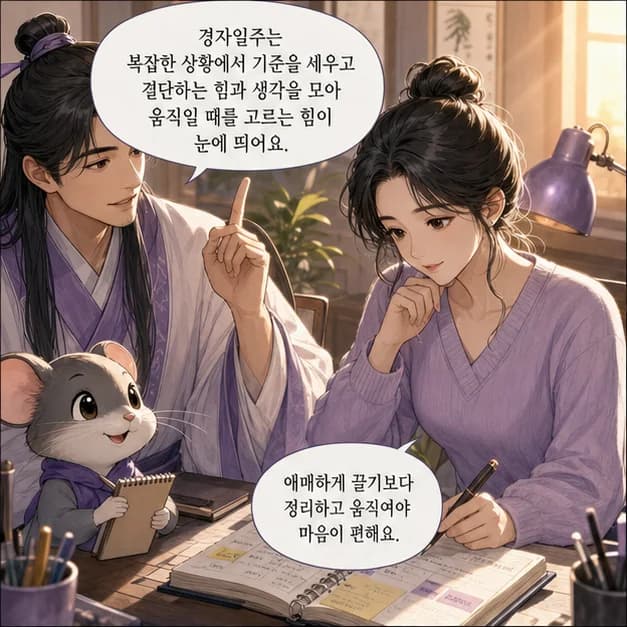 경자일주 1컷: 경자일주는 복잡한 상황에서 기준을 세우고 결단하는 힘과 생각을 모아 움직일 때를 고르는 힘이 눈에 띄어요.