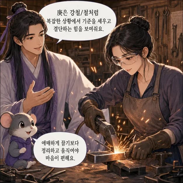 경자일주 4컷: 庚은 강철/철처럼 복잡한 상황에서 기준을 세우고 결단하는 힘을 보여줘요.