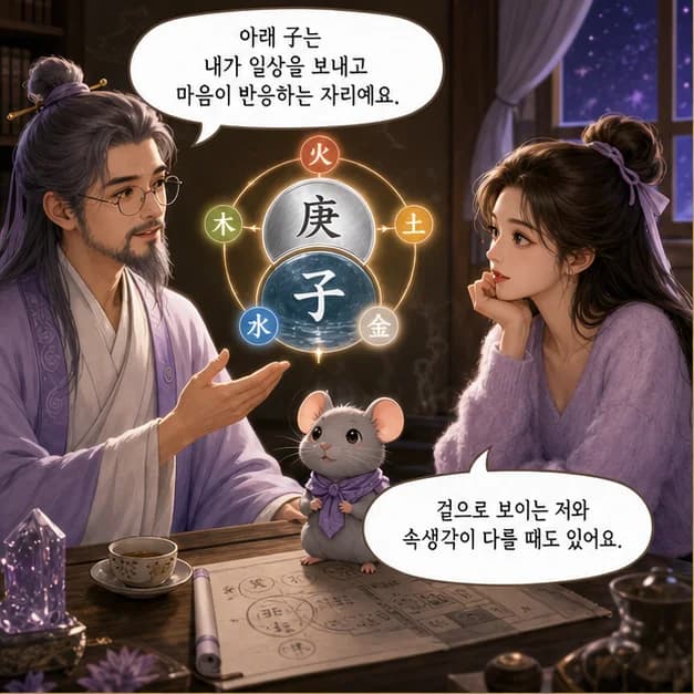 경자일주 5컷: 아래 子는 내가 일상을 보내고 마음이 반응하는 자리예요.