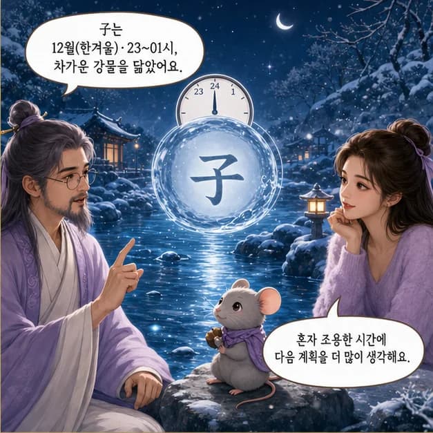 경자일주 6컷: 子는 12월(한겨울)·23~01시, 차가운 강물을 닮았어요.