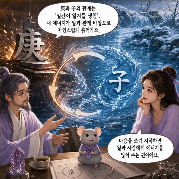 경자일주 8컷: 庚과 子의 관계는 ‘일간이 일지를 생함’. 내 에너지가 일과 관계 바깥으로 자연스럽게 흘러가요.