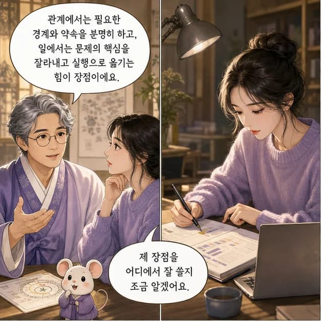 경자일주 9컷: 관계에서는 필요한 경계와 약속을 분명히 하고, 일에서는 문제의 핵심을 잘라내고 실행으로 옮기는 힘이 장점이에요.
