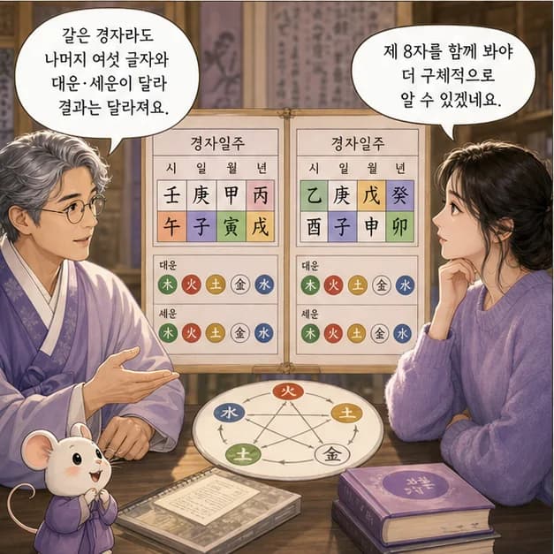 경자일주 11컷: 같은 경자라도 나머지 여섯 글자와 대운·세운이 달라 결과는 달라져요.