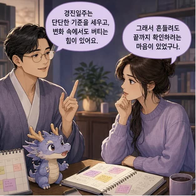 경진일주 1컷: 경진일주는 복잡한 상황에서 기준을 세우고 결단하는 힘과 변화를 품고 전환점을 만드는 힘이 눈에 띄어요.