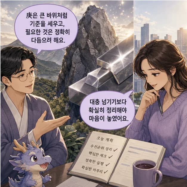경진일주 4컷: 庚은 강철/철처럼 복잡한 상황에서 기준을 세우고 결단하는 힘을 보여줘요.