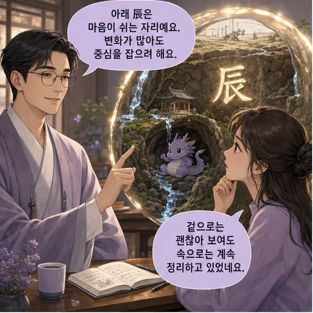 경진일주 5컷: 아래 辰은 내가 일상을 보내고 마음이 반응하는 자리예요.