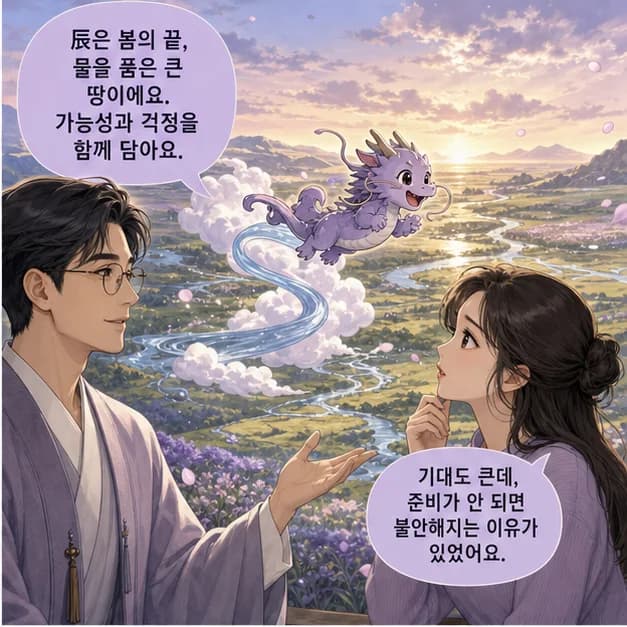 경진일주 6컷: 辰은 4월(환절기)·07~09시, 습한 땅을 닮았어요.