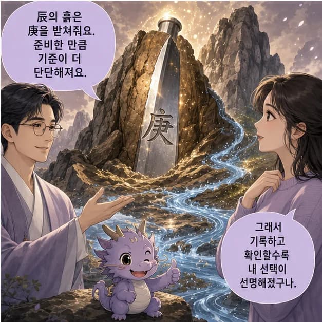 경진일주 8컷: 庚과 辰의 관계는 ‘일지가 일간을 생함’. 생활에서 얻은 경험과 배움이 나의 선택을 밀어줘요.