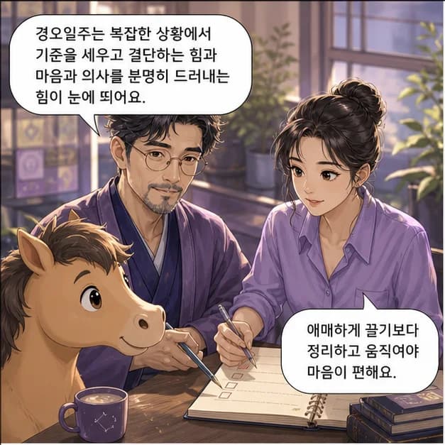 경오일주 1컷: 경오일주는 복잡한 상황에서 기준을 세우고 결단하는 힘과 마음과 의사를 분명히 드러내는 힘이 눈에 띄어요.