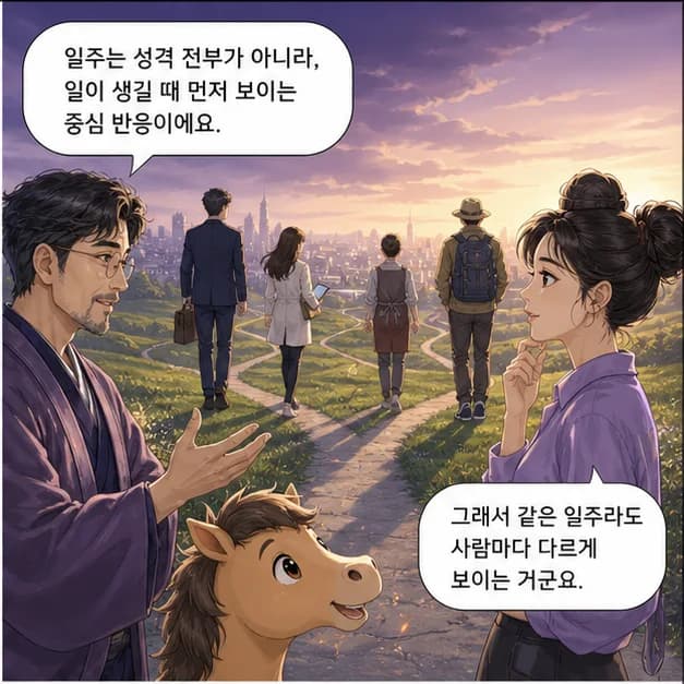 경오일주 2컷: 일주는 성격 전부가 아니라, 일이 생길 때 먼저 보이는 중심 반응이에요.