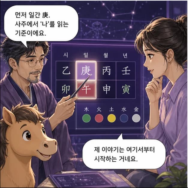 경오일주 3컷: 먼저 일간 庚. 사주에서 ‘나’를 읽는 기준이에요.