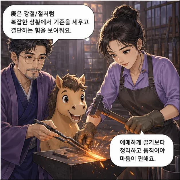 경오일주 4컷: 庚은 강철/철처럼 복잡한 상황에서 기준을 세우고 결단하는 힘을 보여줘요.