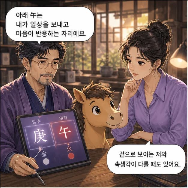 경오일주 5컷: 아래 午는 내가 일상을 보내고 마음이 반응하는 자리예요.