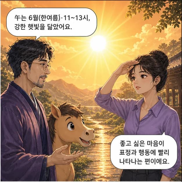 경오일주 6컷: 午는 6월(한여름)·11~13시, 강한 햇빛을 닮았어요.