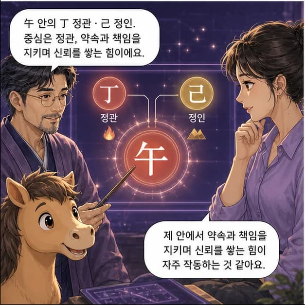 경오일주 7컷: 午 안의 丁 정관 · 己 정인. 중심은 정관, 약속과 책임을 지키며 신뢰를 쌓는 힘이에요.