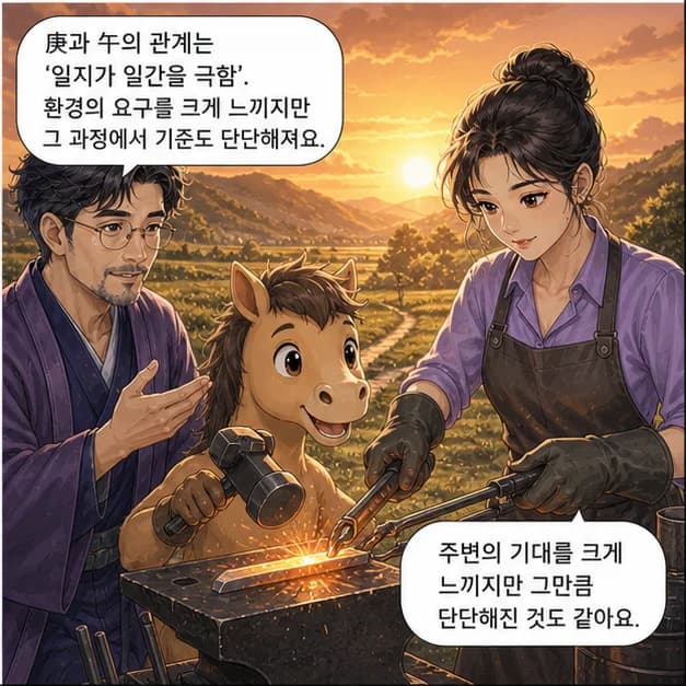 경오일주 8컷: 庚과 午의 관계는 ‘일지가 일간을 극함’. 환경의 요구를 크게 느끼지만 그 과정에서 기준도 단단해져요.