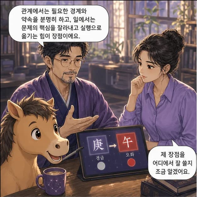 경오일주 9컷: 관계에서는 필요한 경계와 약속을 분명히 하고, 일에서는 문제의 핵심을 잘라내고 실행으로 옮기는 힘이 장점이에요.