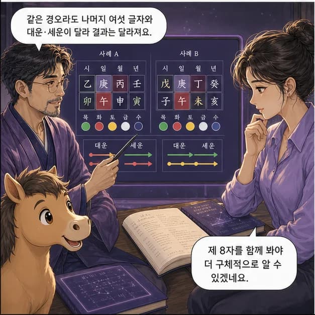 경오일주 11컷: 같은 경오라도 나머지 여섯 글자와 대운·세운이 달라 결과는 달라져요.