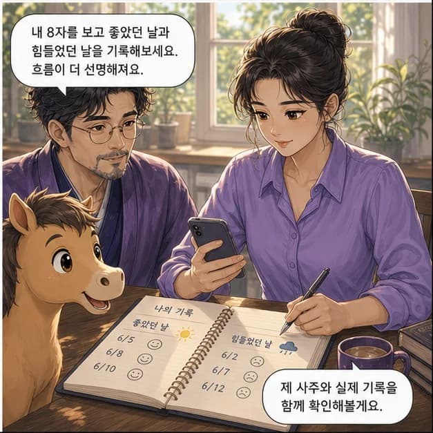 경오일주 12컷: 내 8자를 보고 좋았던 날과 힘들었던 날을 기록해보세요. 흐름이 더 선명해져요.