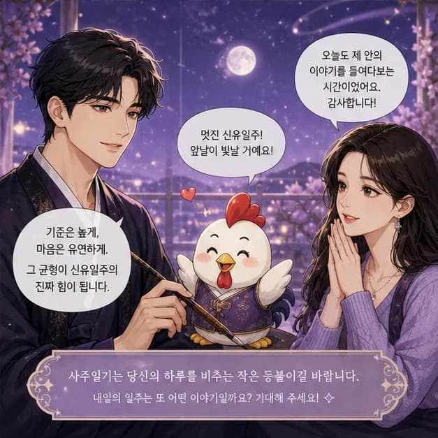 경신일주 8컷: 庚과 申의 관계는 ‘비화(같은 오행)’. 나와 생활의 리듬이 같은 방향으로 모여 자기 색이 선명해져요.
