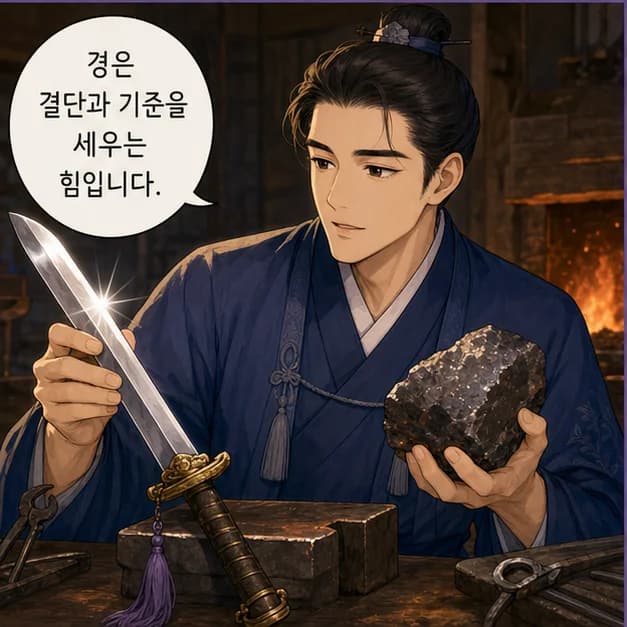 경술일주 3컷: 먼저 일간 庚. 사주에서 ‘나’를 읽는 기준이에요.