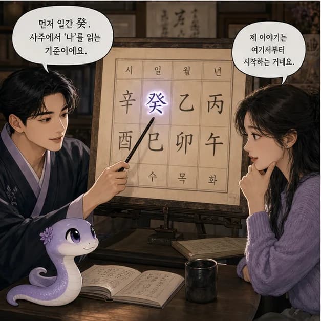 계사일주 3컷: 먼저 일간 癸. 사주에서 ‘나’를 읽는 기준이에요.
