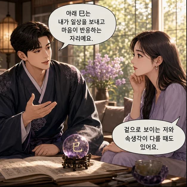 계사일주 5컷: 아래 巳는 내가 일상을 보내고 마음이 반응하는 자리예요.