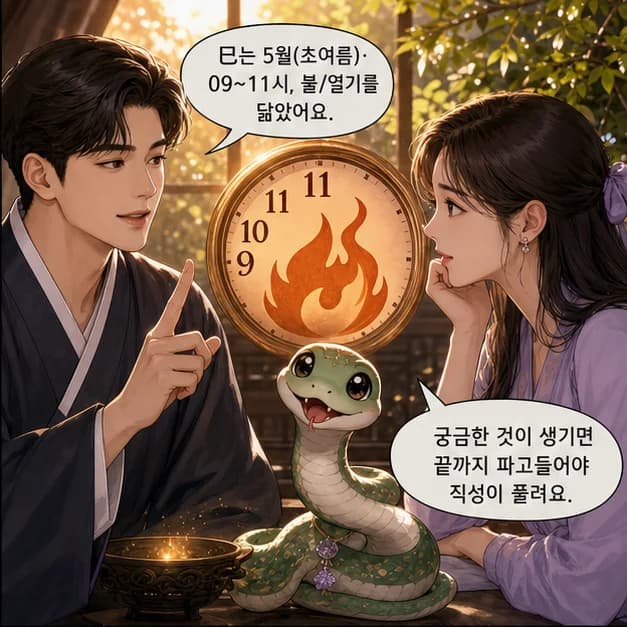 계사일주 6컷: 巳는 5월(초여름)·09~11시, 불/열기를 닮았어요.