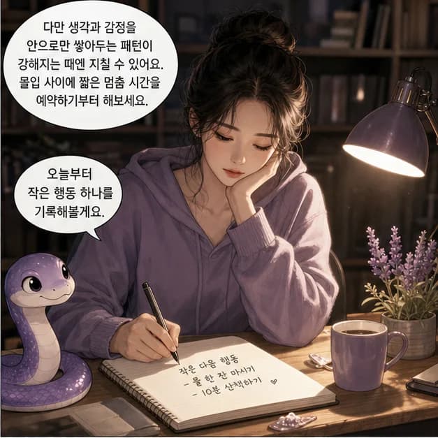 계사일주 10컷: 다만 생각과 감정을 안으로만 쌓아두는 패턴이 강해지는 때엔 지칠 수 있어요. 몰입 사이에 짧은 멈춤 시간을 예약하기부터 해보세요.