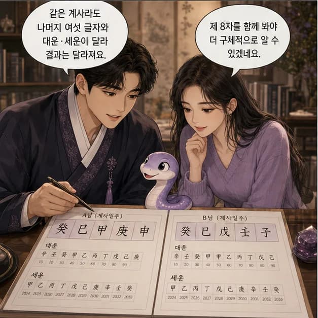 계사일주 11컷: 같은 계사라도 나머지 여섯 글자와 대운·세운이 달라 결과는 달라져요.