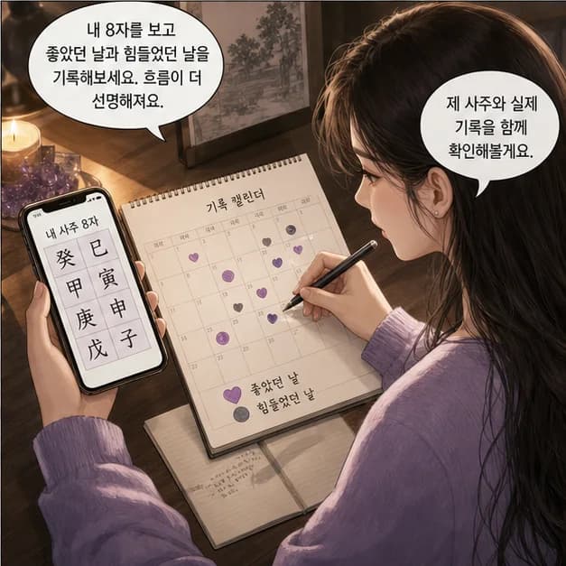 계사일주 12컷: 내 8자를 보고 좋았던 날과 힘들었던 날을 기록해보세요. 흐름이 더 선명해져요.