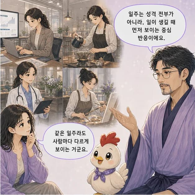 계유일주 2컷: 일주는 성격 전부가 아니라, 일이 생길 때 먼저 보이는 중심 반응이에요.