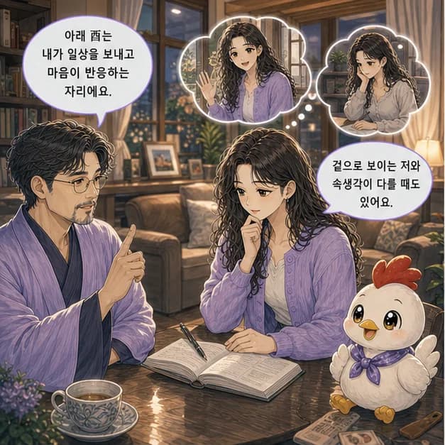 계유일주 5컷: 아래 酉는 내가 일상을 보내고 마음이 반응하는 자리예요.