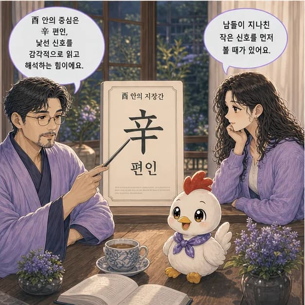 계유일주 7컷: 酉 안의 辛 편인. 중심은 편인, 낯선 신호를 감각적으로 읽고 새롭게 해석하는 힘이에요.