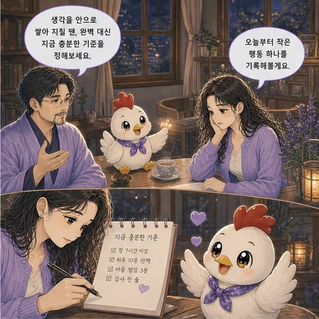 계유일주 10컷: 다만 생각과 감정을 안으로만 쌓아두는 패턴이 강해지는 때엔 지칠 수 있어요. 완벽 대신 지금 충분한 기준을 먼저 정하기부터 해보세요.