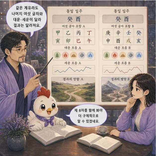 계유일주 11컷: 같은 계유라도 나머지 여섯 글자와 대운·세운이 달라 결과는 달라져요.