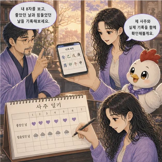 계유일주 12컷: 내 8자를 보고 좋았던 날과 힘들었던 날을 기록해보세요. 흐름이 더 선명해져요.