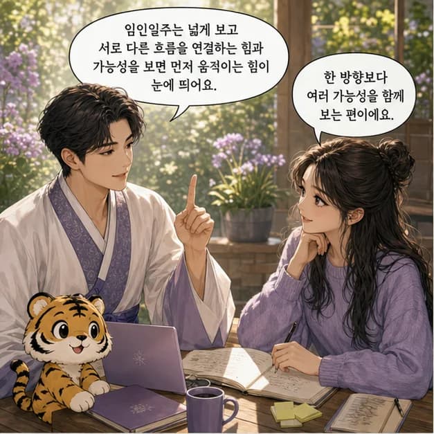 임인일주 1컷: 임인일주는 넓게 보고 서로 다른 흐름을 연결하는 힘과 가능성을 보면 먼저 움직이는 힘이 눈에 띄어요.