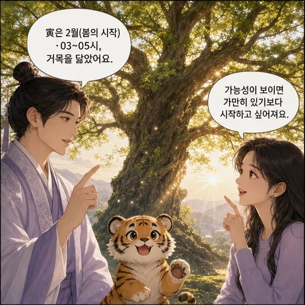 임인일주 6컷: 寅은 2월(봄의 시작)·03~05시, 거목을 닮았어요.