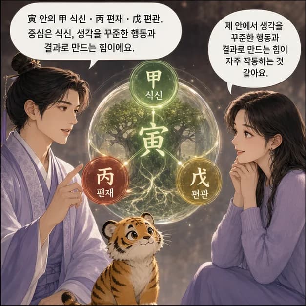 임인일주 7컷: 寅 안의 甲 식신 · 丙 편재 · 戊 편관. 중심은 식신, 생각을 꾸준한 행동과 결과로 만드는 힘이에요.