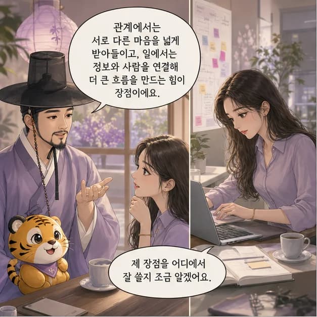 임인일주 9컷: 관계에서는 서로 다른 마음을 넓게 받아들이고, 일에서는 정보와 사람을 연결해 더 큰 흐름을 만드는 힘이 장점이에요.